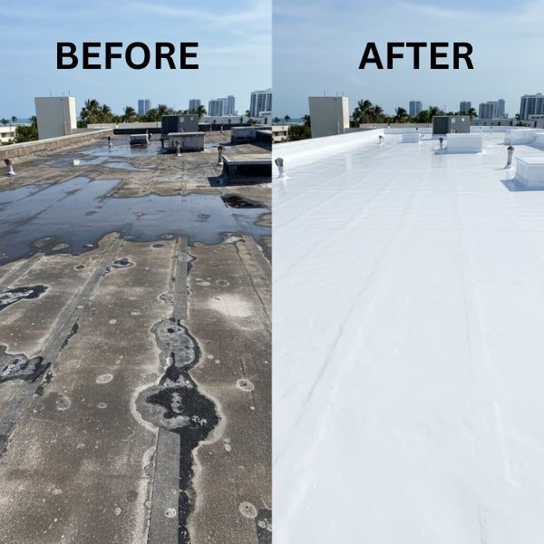 Miami Beach Hotel Roof Waterproofing: Seamless Silicone Restoration Case Study - Before-and-After Comparison
