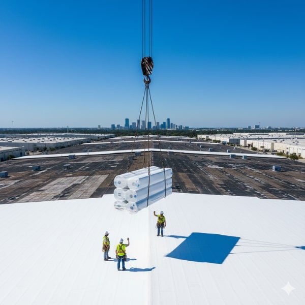 Crane Lifting Materials onto Industrial Roof