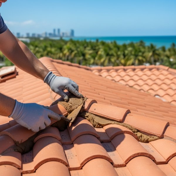 Roofer Applying Mortar to RidgeHip Tiles