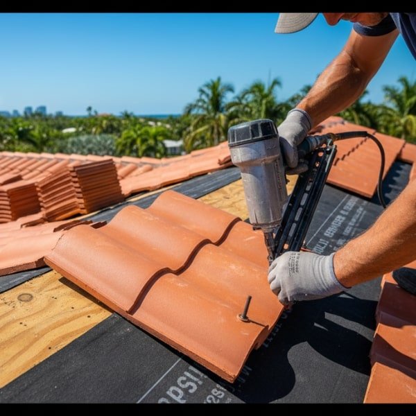 Roofers Installing High-Profile Concrete Tiles