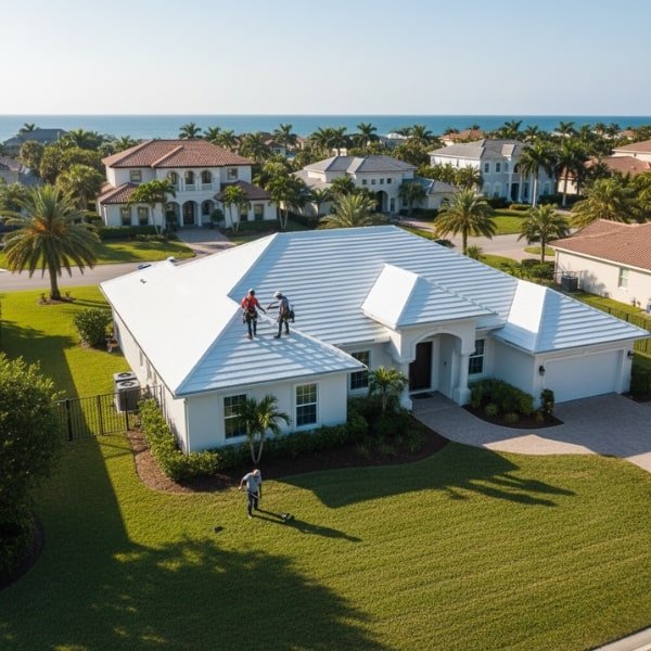 Roofers Performing Final Inspection or Cleanup with Coastal View