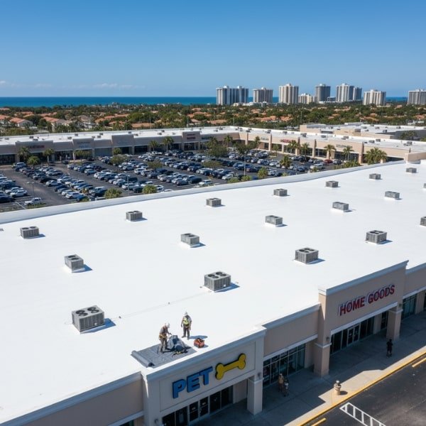 Roofers Working with Shopping Center Below