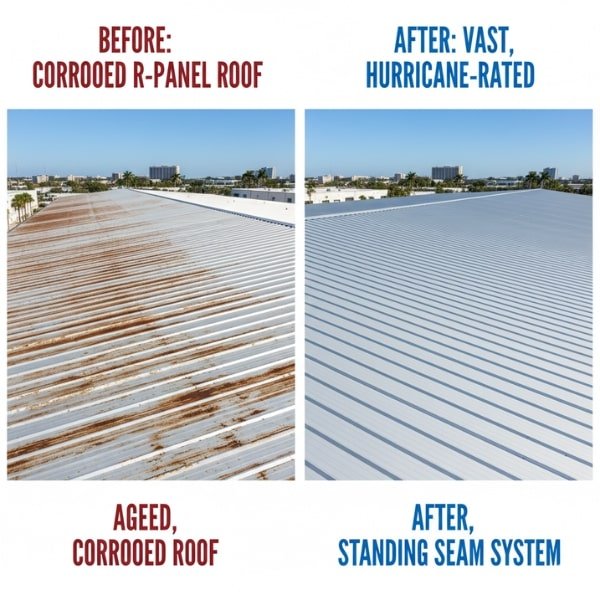 West Palm Beach Warehouse Metal Roof Replacement - Before After Comparison