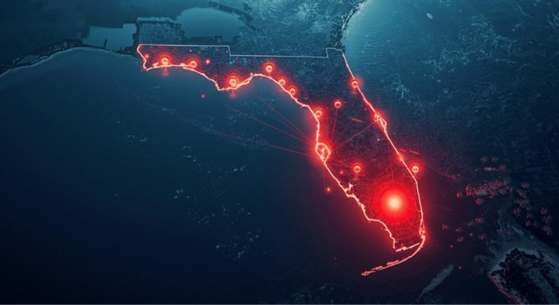 Dramatic aerial view of Florida coastline in the Sunshine State with glowing strategic map overlay highlighting geostrategic challenges: rising sea levels flooding low areas, hurricane storm icons, vulnerability red zones for infrastructure, subtle palm tree
