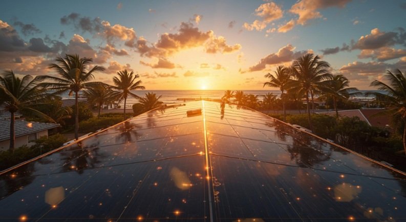 Visionary modern South Florida coastal home roof embodying strategic imperatives: FBC-compliant hurricane-resistant design, innovative solar panels and reflective materials, expert professional installation visible with crew, glowing icons for policy, inn
