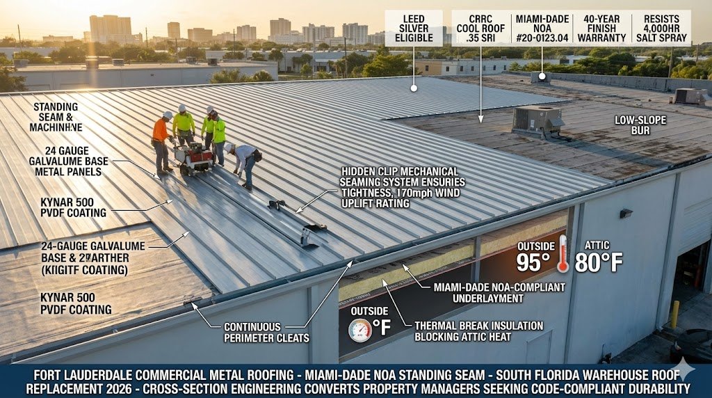 South Florida businesses calculating superior ROI from commercial metal roofing—Fort Lauderdale warehouse showing 40-year lifespan, 35% insurance savings, Miami-Dade NOA wind resistance vs traditional TPO costs "The Economic Edge: Smart Investment, Superior ROI for South Florida Businesses