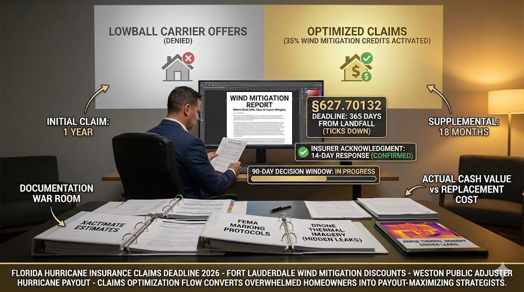 Florida homeowners navigating hurricane insurance claims process—Fort Lauderdale adjuster documenting wind mitigation features, 1-year claim deadline clock ticking, Weston public adjuster maximizing payout under FBC 2026 "Navigating the Geopolitical Landscape: Insurance Claims and Policy Optimization in Florida