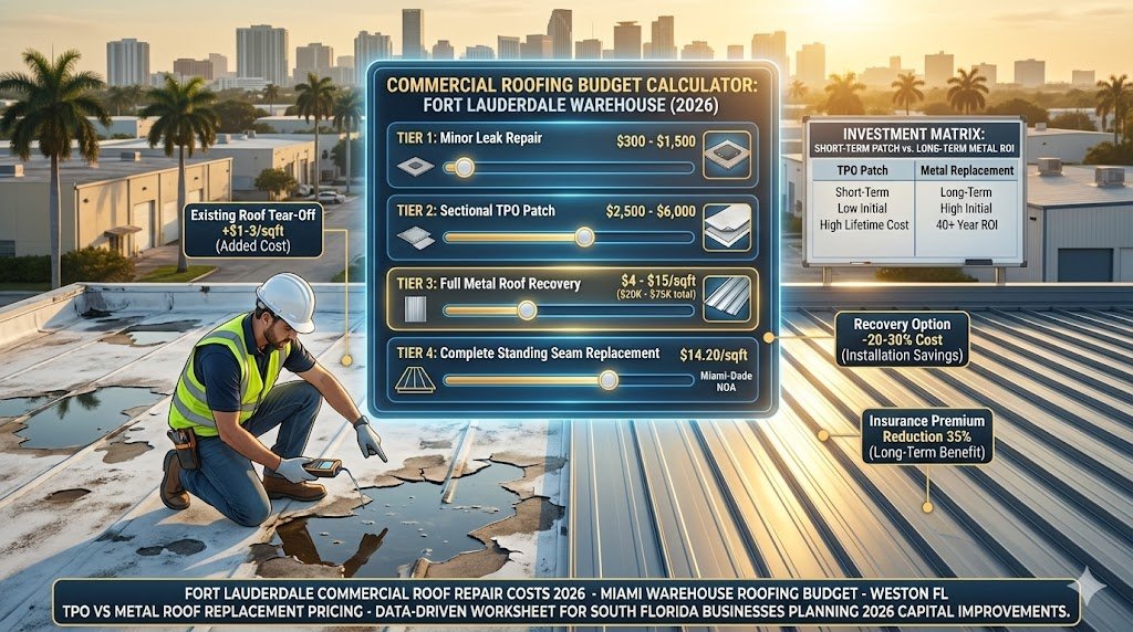Fort Lauderdale commercial roof repair budget breakdown 2026—warehouse property manager reviewing $4-$15/sqft costs, Miami-Dade NOA metal roofing vs TPO repair expenses, South Florida business insurance savings "How to Budget for a Major Roof Repair