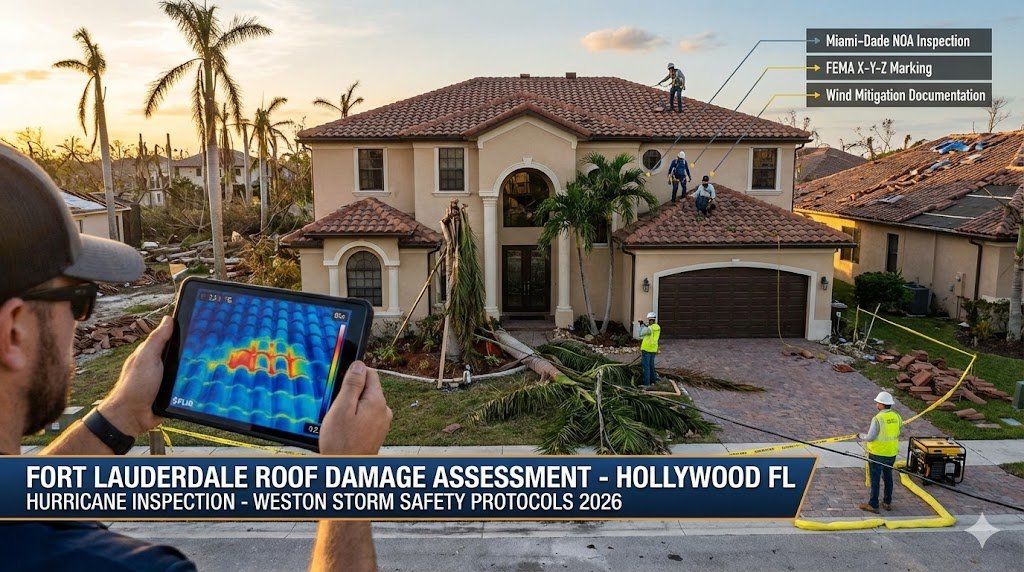 Fort Lauderdale emergency roof damage assessment team executing hurricane safety protocols—drone thermal imaging detects moisture intrusion, safety harnesses secure 2-story inspections, yellow caution tape cordons Weston FL storm debris "Immediate Geostrategic Response: Damage Assessment and Safety Protocols in Fort Lauderdale