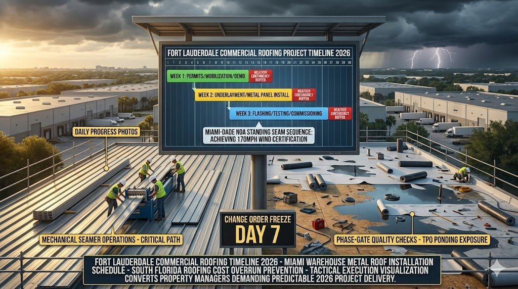 Fort Lauderdale commercial roofing project Gantt chart preventing cost overruns—warehouse timeline showing 1-3 week metal roof replacement, South Florida weather contingency planning, Miami-Dade NOA execution phases 2026 "Timelines & Tactical Execution: Preventing Cost Overruns in South Florida