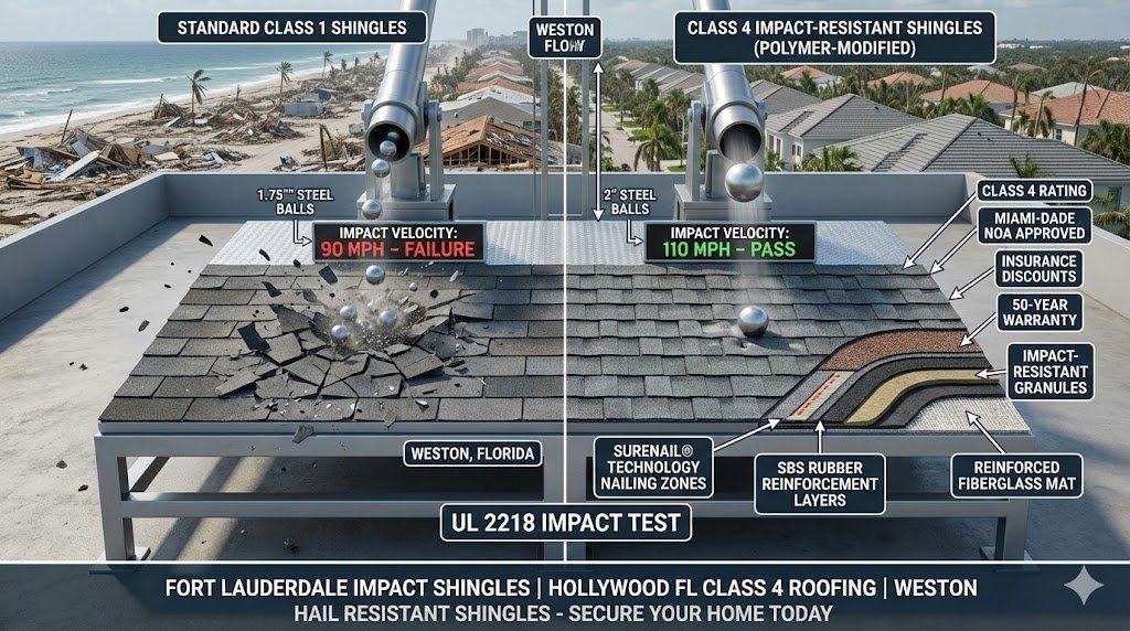 Class 4 impact-resistant shingles surviving 2" hail strikes on Fort Lauderdale Weston Hollywood roofs—Owens Corning Duration, GAF Timberline HDZ with SureNail technology, Miami-Dade approved for South Florida hurricanes "Understanding Impact-Resistant Shingles