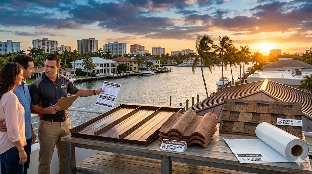 Comparative display of optimal roofing materials for Fort Lauderdale & Hollywood—hurricane-resistant metal panels, clay tiles, and asphalt shingles against coastal skyline, for the article "Selecting the Optimal Roofing Material for Fort Lauderdale & Hollywood