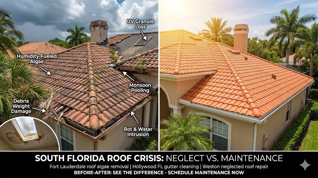  Neglected South Florida roof decay in tropical climate—Fort Lauderdale Weston Hollywood tile roofs showing black algae streaks, clogged gutters, cracked barrel tiles from maintenance neglect causing premature failure "Neglectful or Non-Existent Maintenance: The Slow Decay in a Tropical Climate