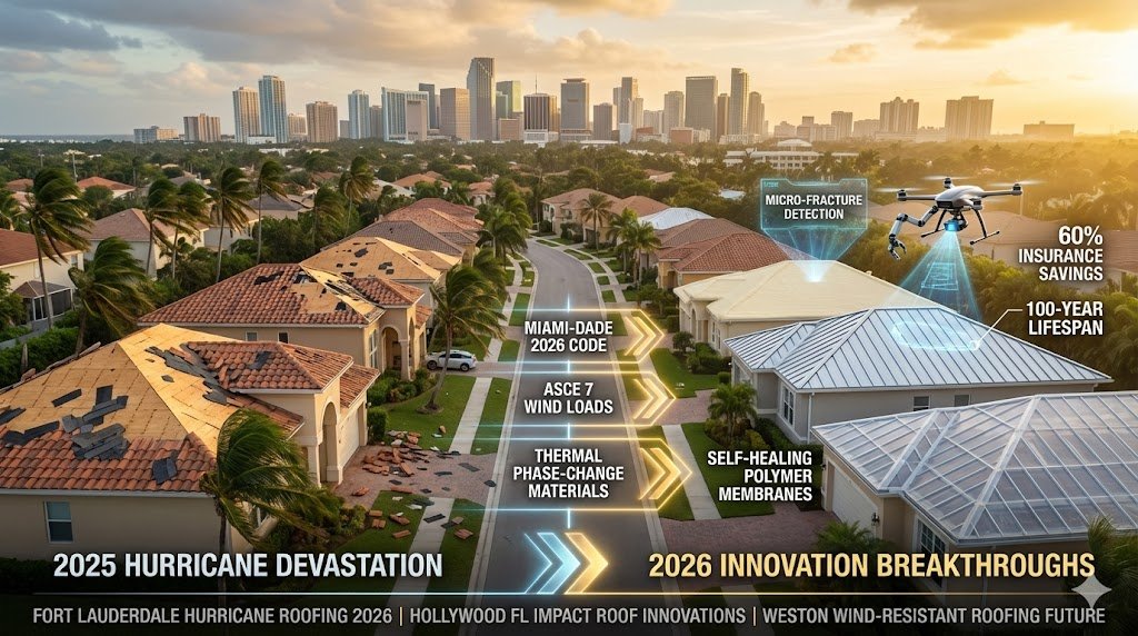South Florida roofing evolution—Fort Lauderdale Weston Hollywood homes transition from hurricane-damaged traditional roofs to 2026 spray foam, standing seam metal, Class 4 impact innovations with Miami-Dade NOA certification "Challenges, Innovation, and the Path Forward