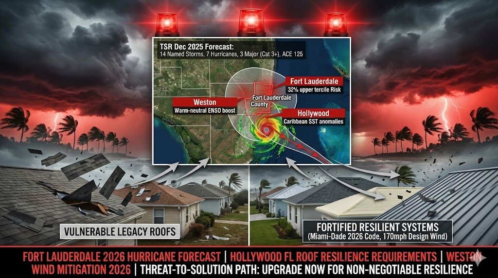 South Florida 2026 hurricane threat landscape—Fort Lauderdale Weston Hollywood homes face 14 predicted storms, 7 hurricanes, 3 majors per TSR forecast requiring Miami-Dade NOA resilient roofing "South Florida's Evolving Threat Landscape: Why Resilience is Non-Negotiable
