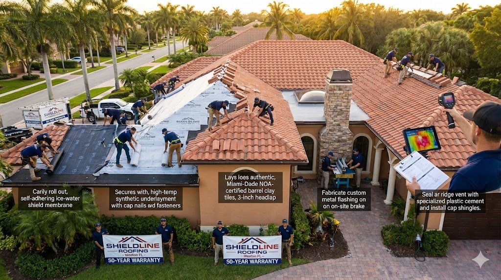 Shieldline Roofing certified installers executing trusted 12-step process on Fort Lauderdale home—ice-water shield application, synthetic underlayment,Miami-Dade approved tiles with proper flashing—Weston FL roofing expertise for "The Shieldline Roofing Process: Expertise You Can Trust