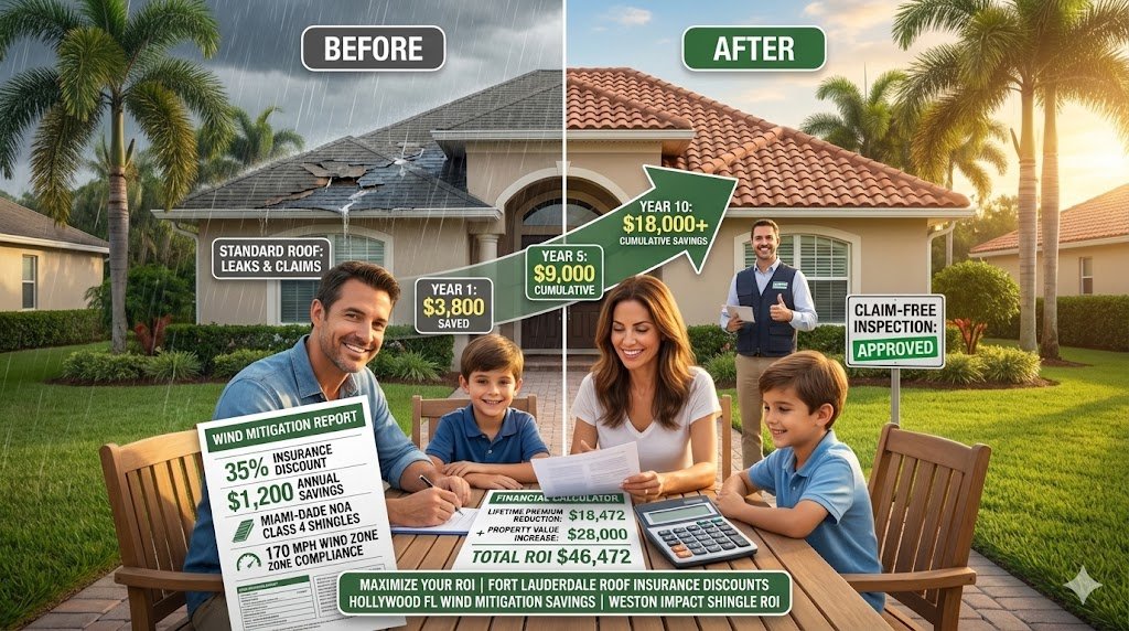 South Florida property owners celebrating 35% insurance premium savings from impact-resistant roofs, wind mitigation credits, increased property values—Fort Lauderdale Weston Hollywood ROI calculator showing $18K lifetime savings "The Economic Dividend for South Florida Property Owners: Value & Risk Mitigation