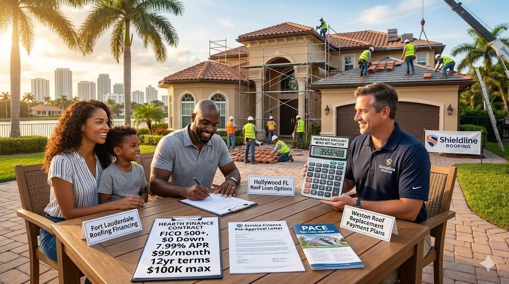 Happy South Florida homeowners signing roofing financing contracts with Hearth Finance, Service Finance options displayed for Fort Lauderdale Weston Hollywood roofing projects, low monthly payments $99/month, 0% down financing "Financing Your Roofing Project in South Florida