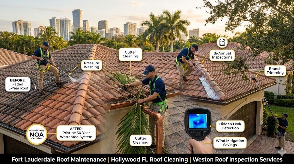 Professional roof maintenance extending South Florida roof lifespan—Fort Lauderdale tech clearing gutters, sealing flashing, inspecting Miami-Dade tile roofs for Weston Hollywood homeowners, "Maintaining Your Investment: Extending Your South Florida Roof's Lifespan