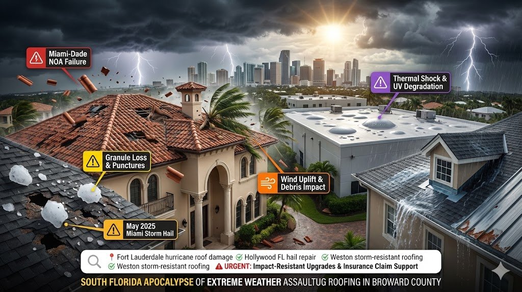 Extreme South Florida weather assault on Fort Lauderdale Weston Hollywood roofs—hurricane 160mph winds ripping Miami-Dade tiles, 2.5" hail denting shingles, relentless UV/heat blistering, storm surge testing underlayment "Extreme Weather and Environmental Exposure: The Relentless South Florida Assault