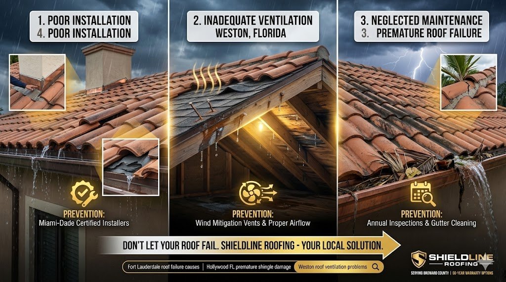 Top 3 premature roof failure causes in South Florida—poor installation, ventilation failure, neglected maintenance on Fort Lauderdale Weston Hollywood tile roofs with annotated visual diagnostics, "The Top 3 Causes of Premature Roof Failure