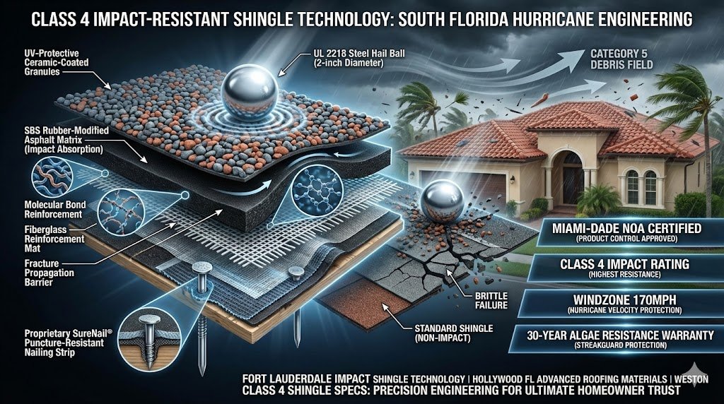  Cross-section of advanced Class 4 impact-resistant shingles technology for Florida roofs—SBS polymer-modified asphalt, fiberglass reinforcement, ceramic granules surviving UL 2218 hail tests, Fort Lauderdale Weston Hollywood approved "Deciphering Impact Resistance: Advanced Technology for Florida Roofs