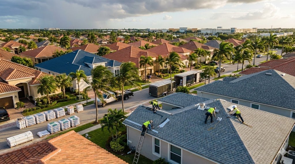 Aerial view of Weston FL neighborhood with new roofs resisting tropical storm, professional roofers inspecting hurricane straps and waterproof membranes, for "Your Guide to Roofing in Weston, FL