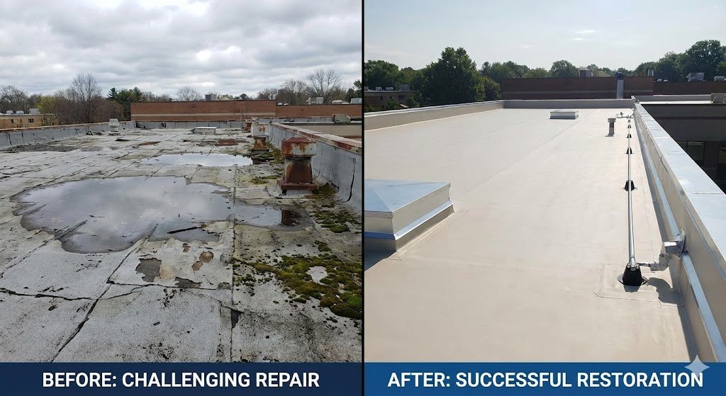 Before and After A Challenging Commercial Flat Roof Repair