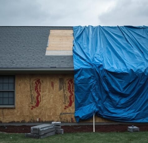 A suburban house with a partially finished roof, featuring an exposed section covered by a bright blue tarp and a ladder left leaning against the siding.