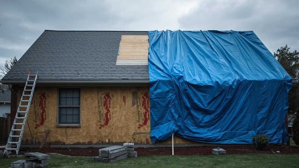 A suburban house with a partially finished roof, featuring an exposed section covered by a bright blue tarp and a ladder left leaning against the siding.