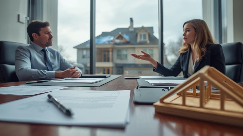 A homeowner in a discussion with a female construction attorney in a professional office. On the desk are official contract documents, a notepad, and a architectural model of a residential roof structure. Through the large window behind them, a house with a blue tarp on its roof can be seen under soft daylight.