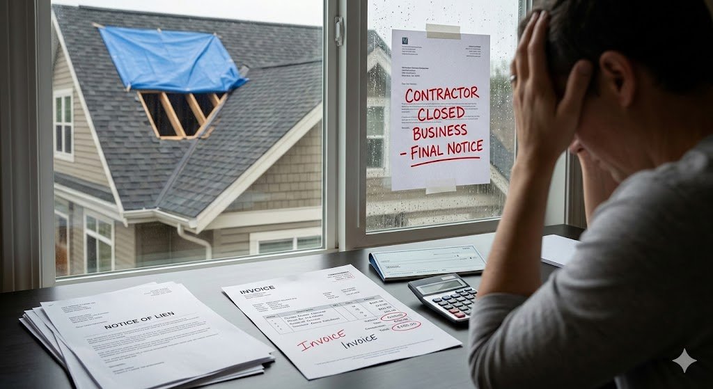 A stressed homeowner sitting at a desk with invoices and legal notices, looking out a window at a house with an unfinished roof covered by a blue tarp.