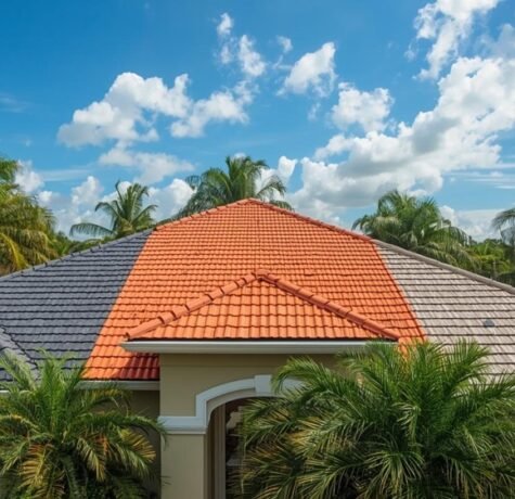 A beautiful Florida home under clear blue skies, featuring different sections of the roof illustrating various roofing materials like asphalt shingles, metal tiles, and concrete tiles, with an overlay of stylized arrows indicating long duration.