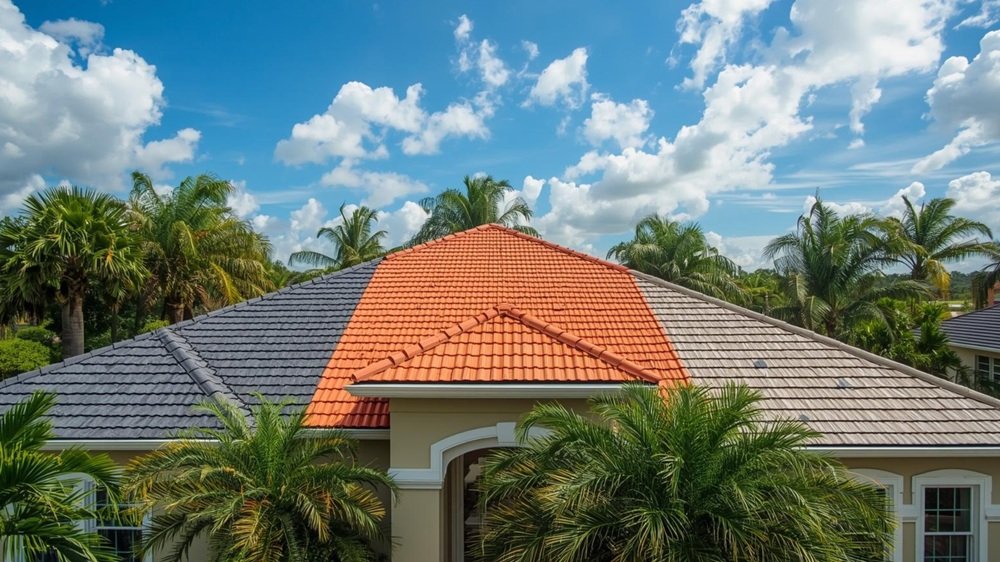 A beautiful Florida home under clear blue skies, featuring different sections of the roof illustrating various roofing materials like asphalt shingles, metal tiles, and concrete tiles, with an overlay of stylized arrows indicating long duration.