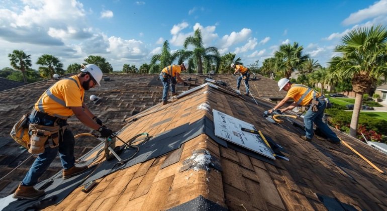 Professional roofing crew tearing off old shingles on a Florida home