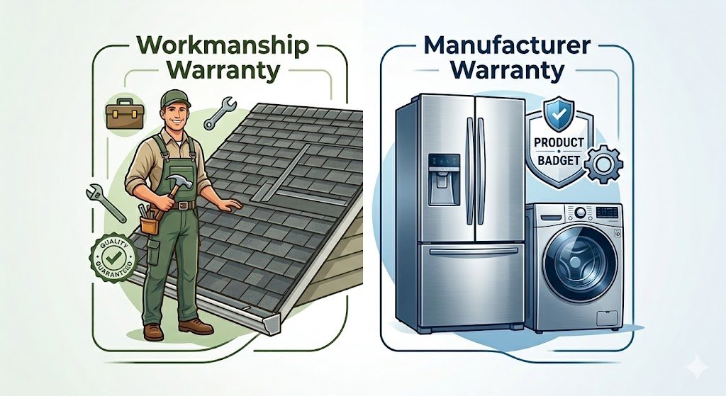 An illustrative comparison of workmanship and manufacturer warranty coverage, highlighting installation errors versus product defects.