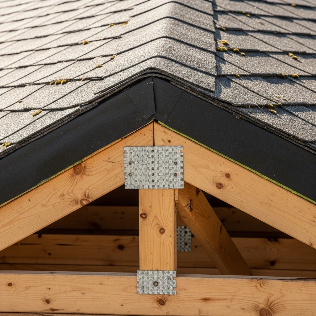 A cross-section of a Florida roof showing asphalt shingles and wooden deck