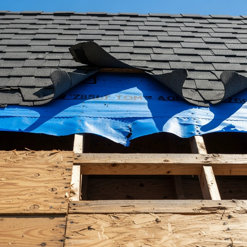 Vivid architectural description showing a cross-section of a Florida residential roof deck, exposing peeling asphalt shingles, waterproof underlayment, and exposed plywood truss boards under a bright sun.