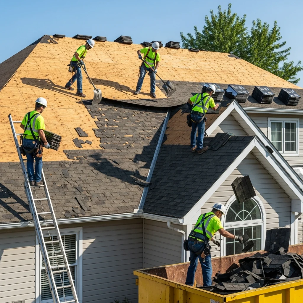 Vivid architectural description of a professional roofing crew in safety gear systematically tearing off old architectural asphalt shingles from a moderately pitched roof, revealing the raw wooden decking beneath.