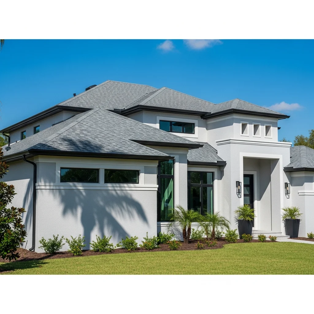 Vivid architectural description of a modernized Florida home exterior featuring a pristine, brand-new dimensional asphalt shingle roof, accompanied by clear blue skies and subtle palm tree shadows.