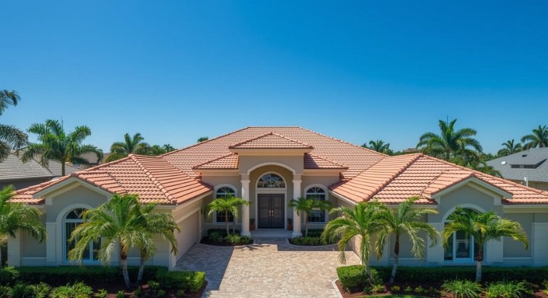 Modern Florida home with a newly installed tile roof and tropical landscaping under clear skies