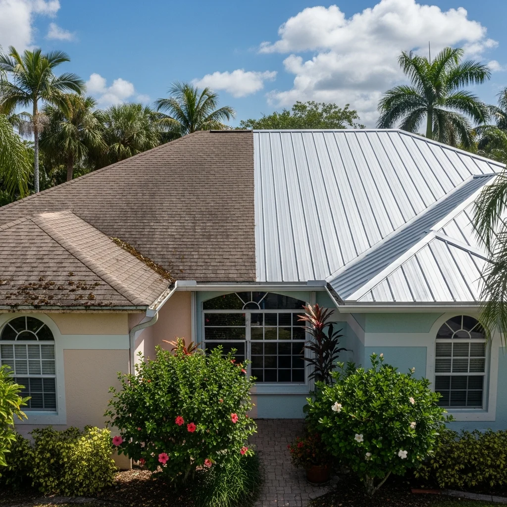 South Florida home featuring a brand new, highly durable terracotta tile roof contrasting with a bright blue sky.