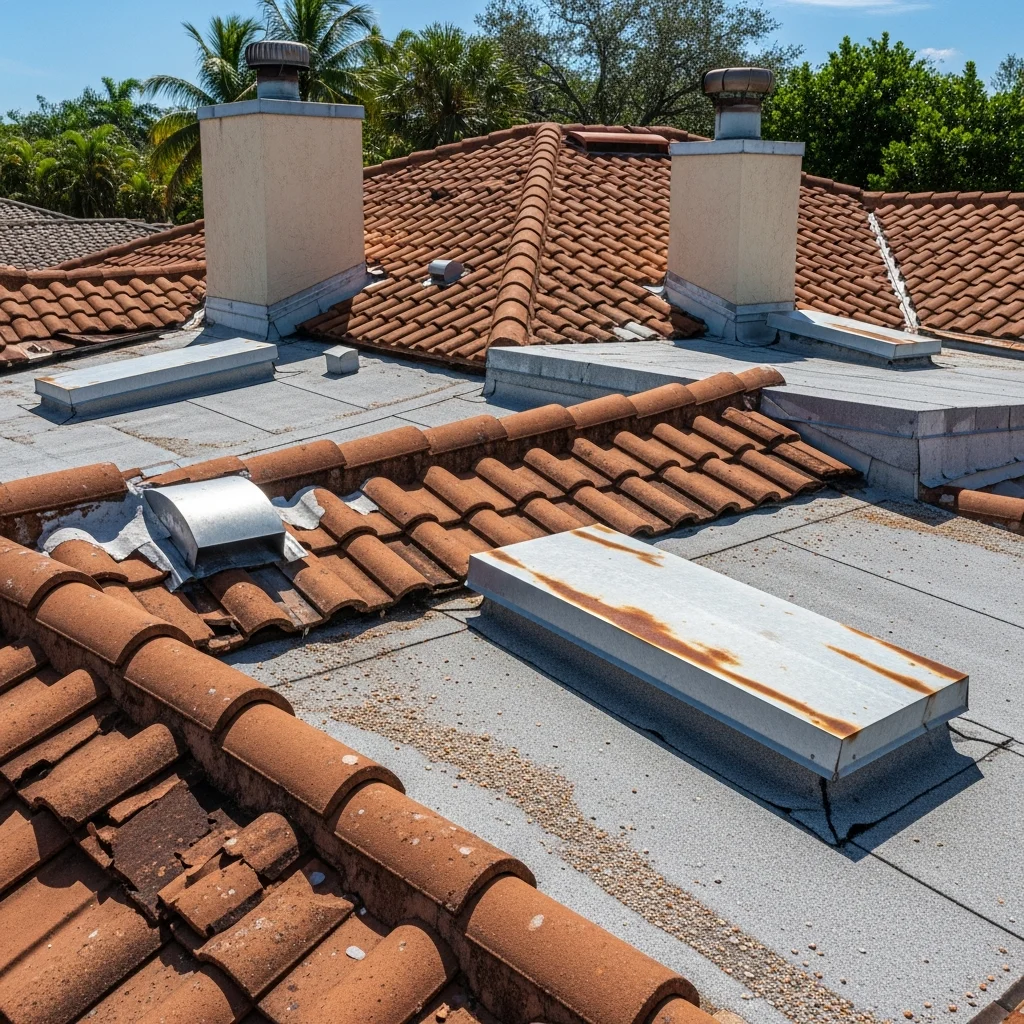 Vivid architectural description of a residential roof in South Florida showing subtle signs of wear under bright tropical sunlight, high contrast and hyper-realistic.