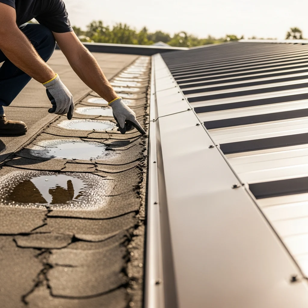 Close-up view of a roofing contractor examining damaged terracotta roof tiles next to a pristine section of newly installed metallic roofing panels, highly detailed architectural photography.