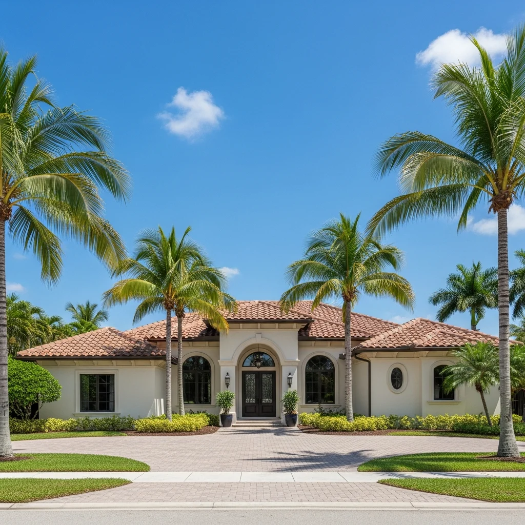 Wide shot of a beautiful South Florida Mediterranean-style home with a structurally sound, energy-efficient concrete tile roof, surrounded by palm trees against a clear blue sky, photorealistic.