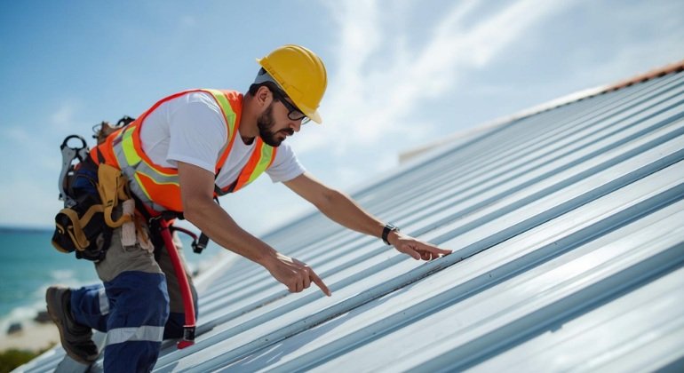 Roofing technician inspecting a new metal roof installation on a South Florida coastal home