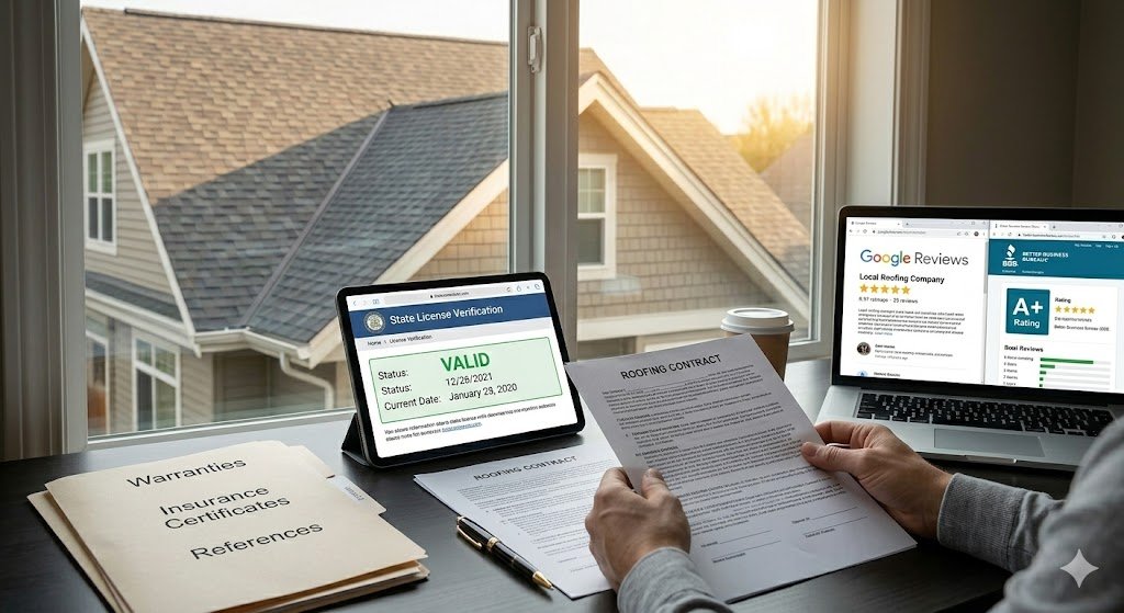 A homeowner reviewing a roofing contract at a desk with a tablet showing a valid state license verification and a laptop displaying positive business reviews.