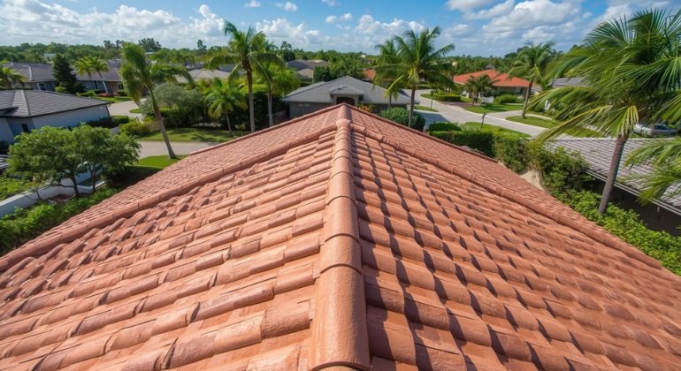 Concrete tile roof on a modern South Florida home, built for hurricane resistance and tropical climate