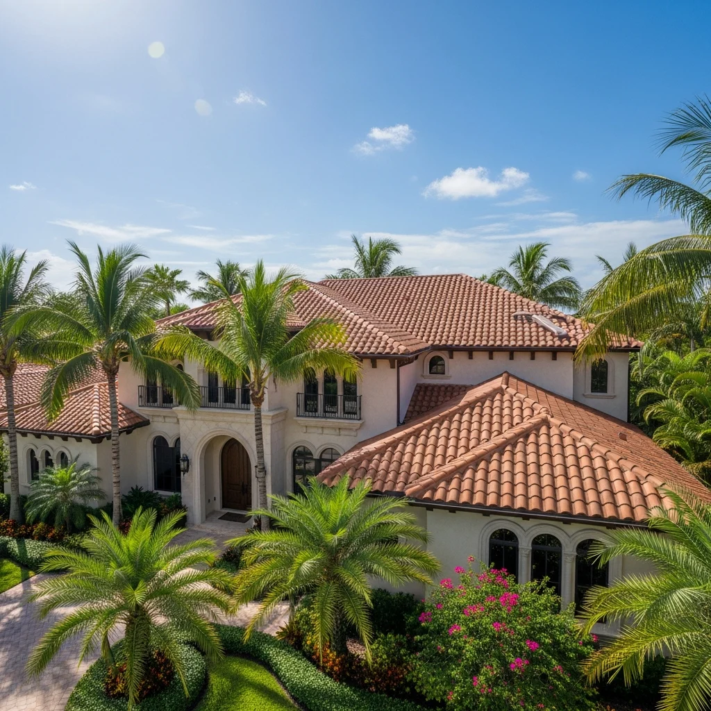 A beautiful Spanish-style Florida home with a newly replaced terracotta clay tile roof under a sunny blue sky.