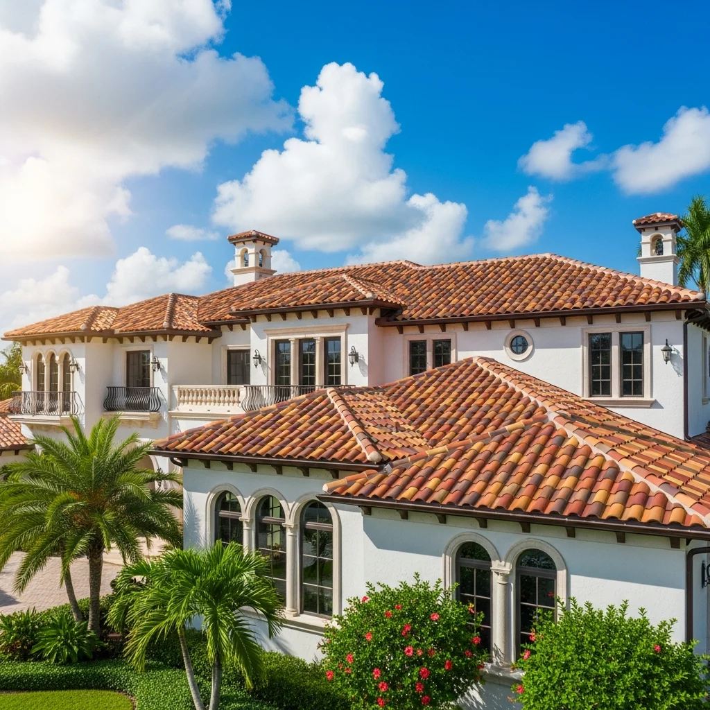 A wide-angle architectural shot of a sprawling South Florida Mediterranean-style estate featuring a beautifully installed, multi-toned terracotta barrel tile roof, contrasting against a vibrant blue sky with fluffy white clouds, realistic lighting, 8k resolution.